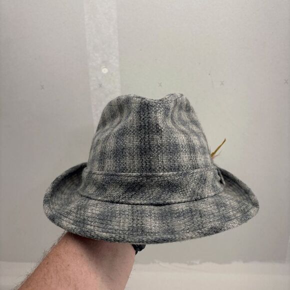 Vintage Bee Hats Gray Plaid Wool Fedora Hat With Feather Mens Size 7 1/4 - Picture 1 of 8